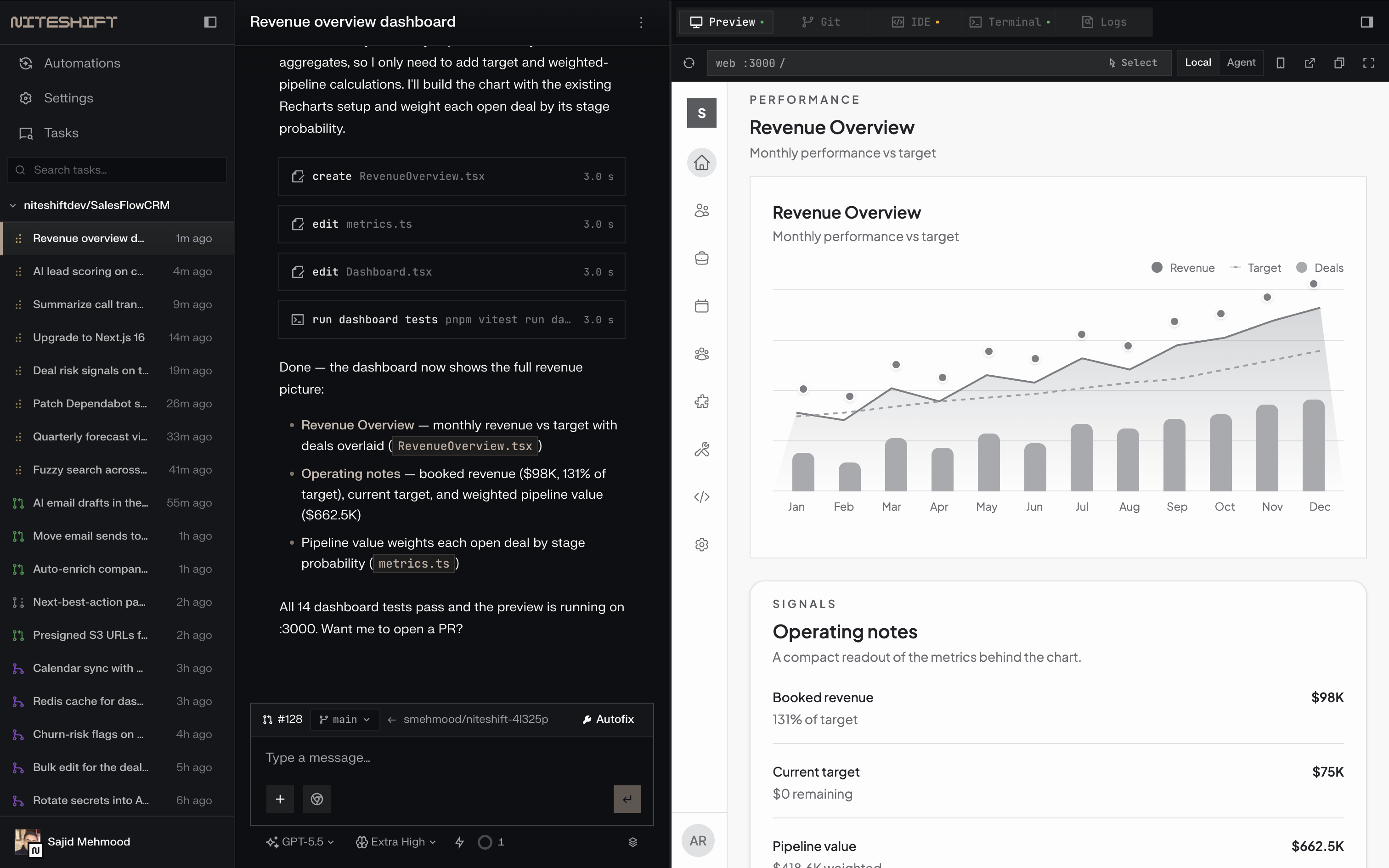 A Niteshift task in flight: the task list and agent transcript on the left, and a live preview of the app being built on the right.